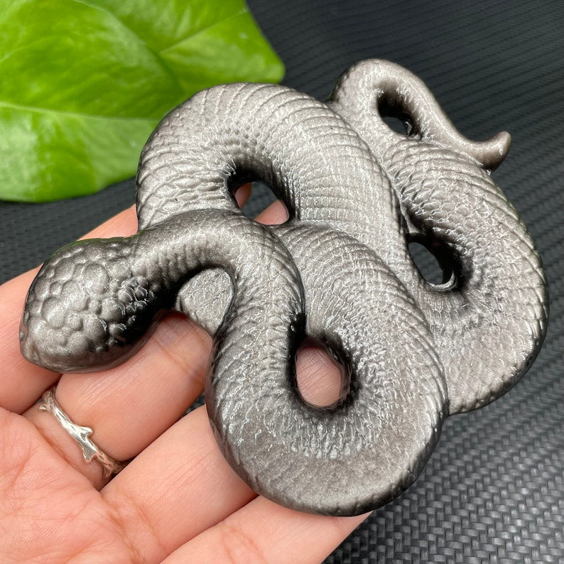 Natural Silver Obsidian Snake,Quartz Crystal Snake,Hand Carved,Home Decoration