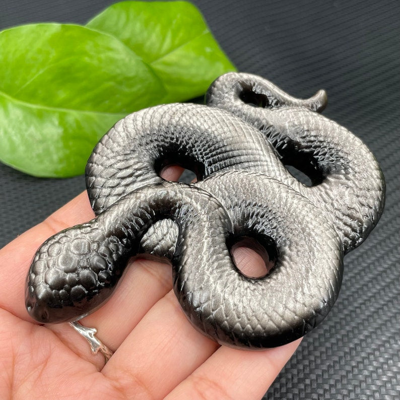 Natural Silver Obsidian Snake,Quartz Crystal Snake,Hand Carved,Home Decoration