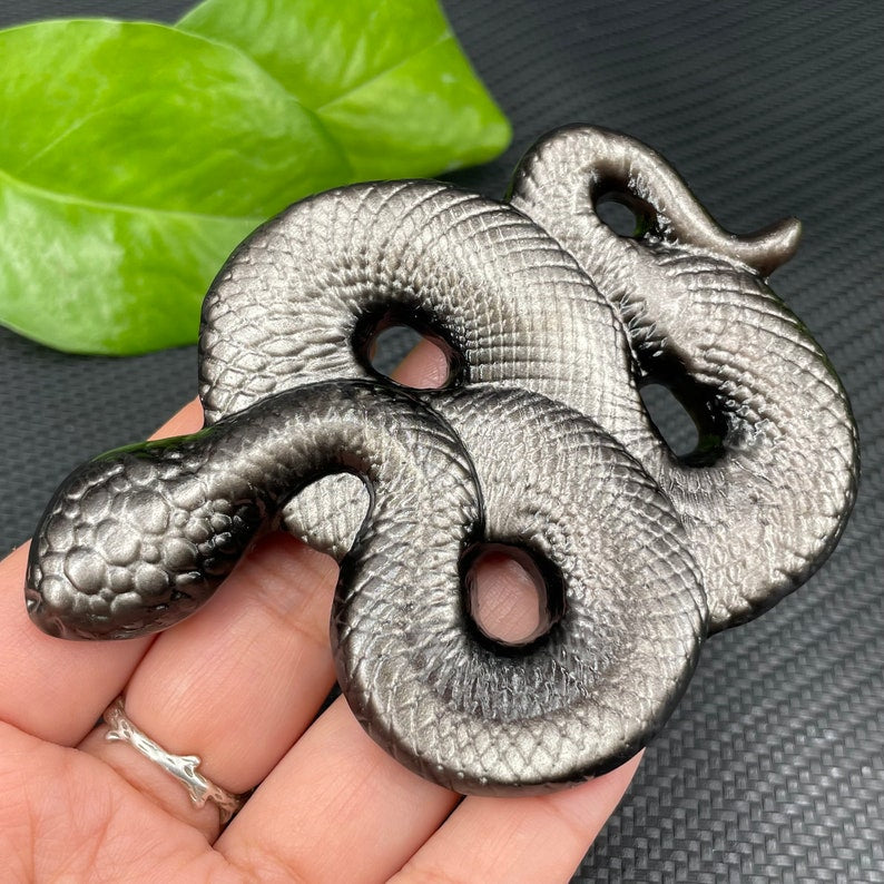 Natural Silver Obsidian Snake,Quartz Crystal Snake,Hand Carved,Home Decoration