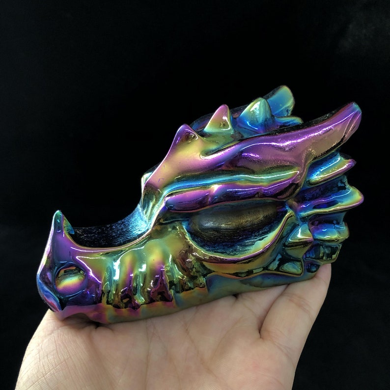 Rainbow Titanium Aura Dragon Skull,Quartz Crystal Dragon,Crystal Sculpture,Collection,Crystal Gift