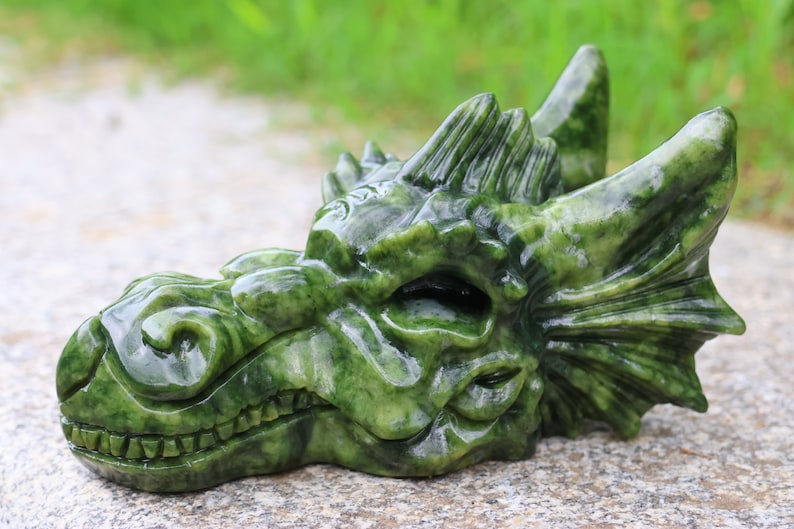 6.2" Natural Jade Dragon Skull,Quartz Crystal Carved ,Crystal Heal Reiki,Home decoration