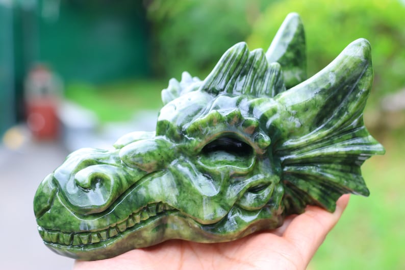 6.2" Natural Jade Dragon Skull,Quartz Crystal Carved ,Crystal Heal Reiki,Home decoration