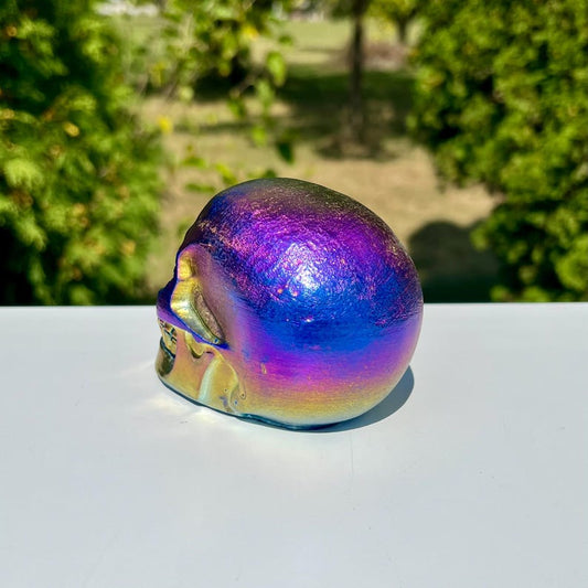 Titanium Rainbow Aura Jade Skull 3.91”- Handcarved Crystal Skull