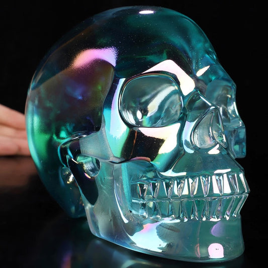 Rainbow Auratised Ocean Blue Quartz Realistic Lifesized Heavy 3kg Hand Carved 6.9" Crystal Skull Sculpture Art Object
