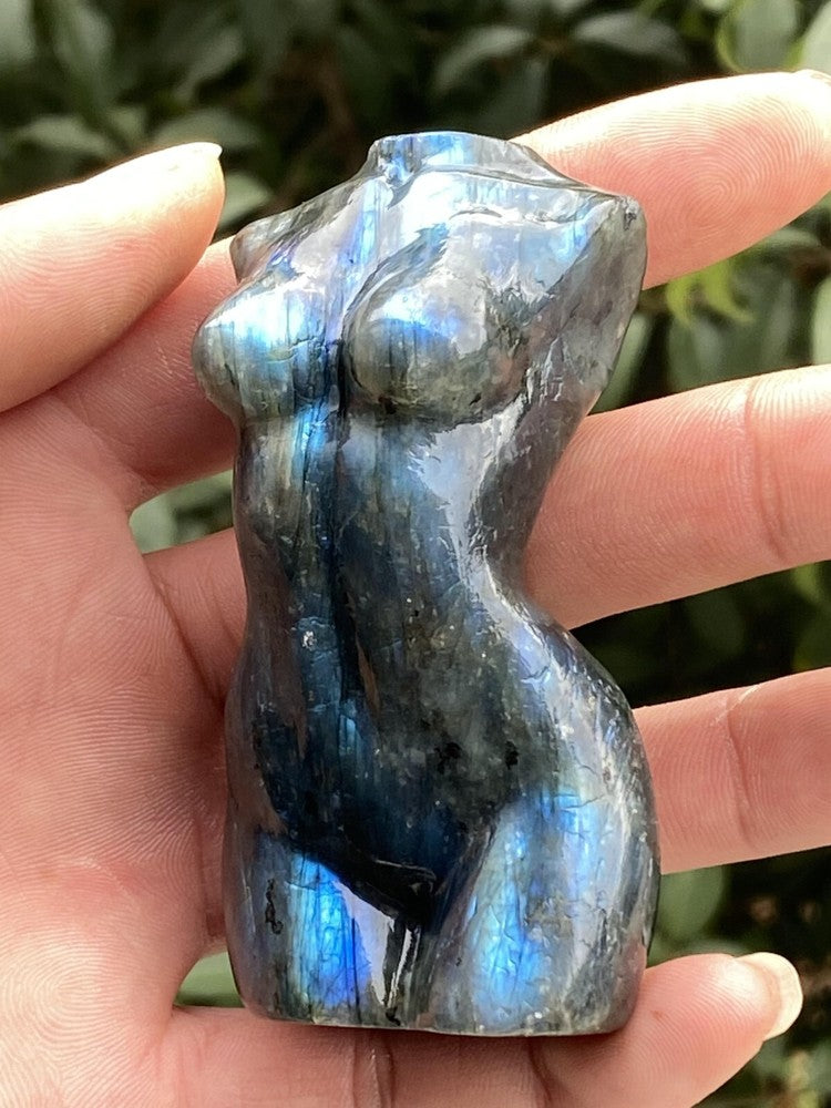 3"Carved Natural labradorite Goddess Quartz Crystal skull Body Sculpture 1PC.