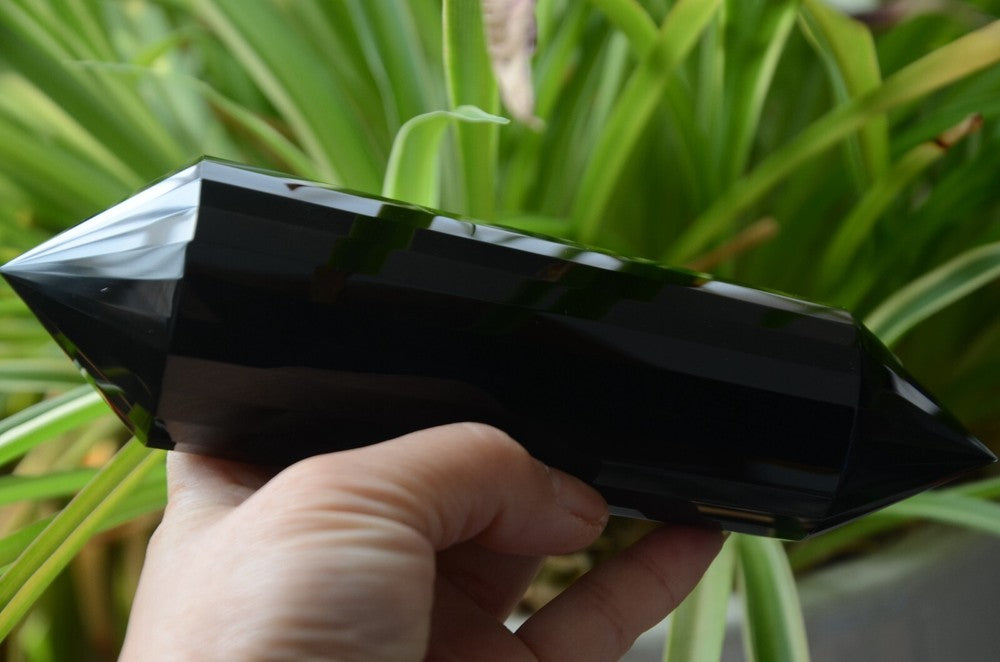 Giant Black Obsidian 24 Sided 6.73" Crystal Quartz Vogel Style Wand Point Energy