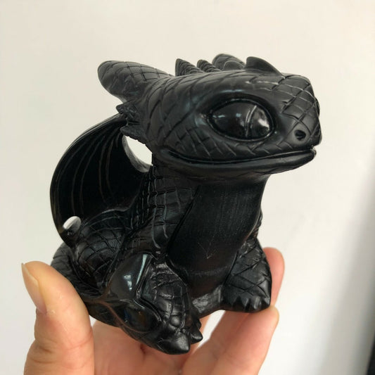 Amazing 3.1'' Natural Black Obsidian Quartz Crystal Reiki Toothless Dragon