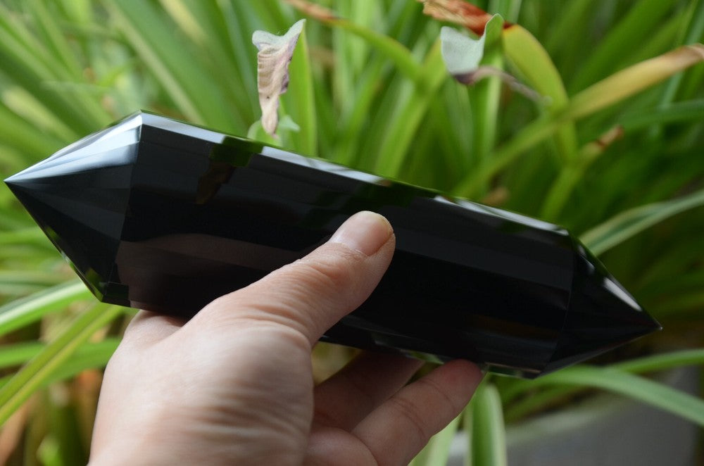 Giant Black Obsidian 24 Sided 6.73" Crystal Quartz Vogel Style Wand Point Energy