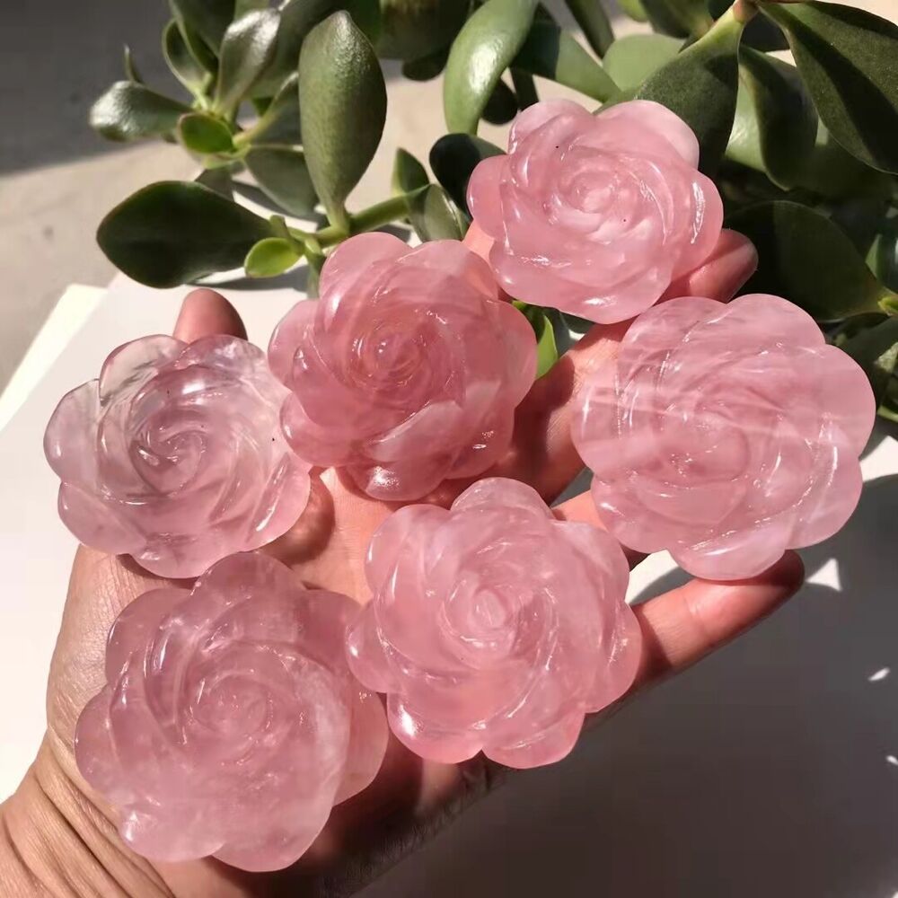 2" Natural Pink Rose Quartz Carved Rose Flowers Crystal reiki Healing 1pc