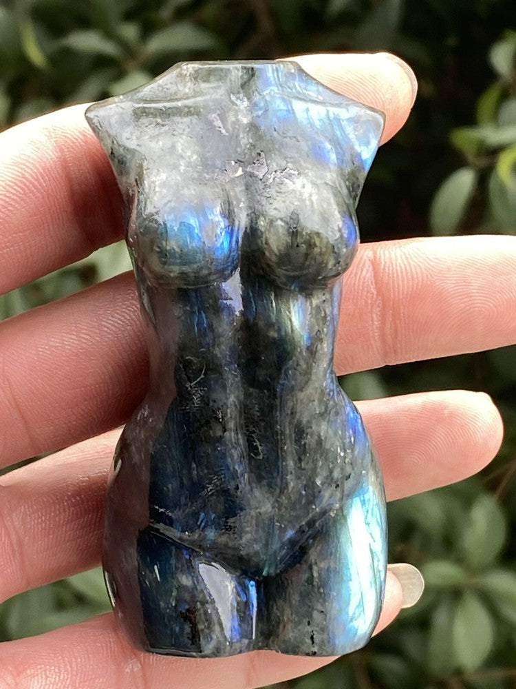 3"Carved Natural labradorite Goddess Quartz Crystal skull Body Sculpture 1PC.