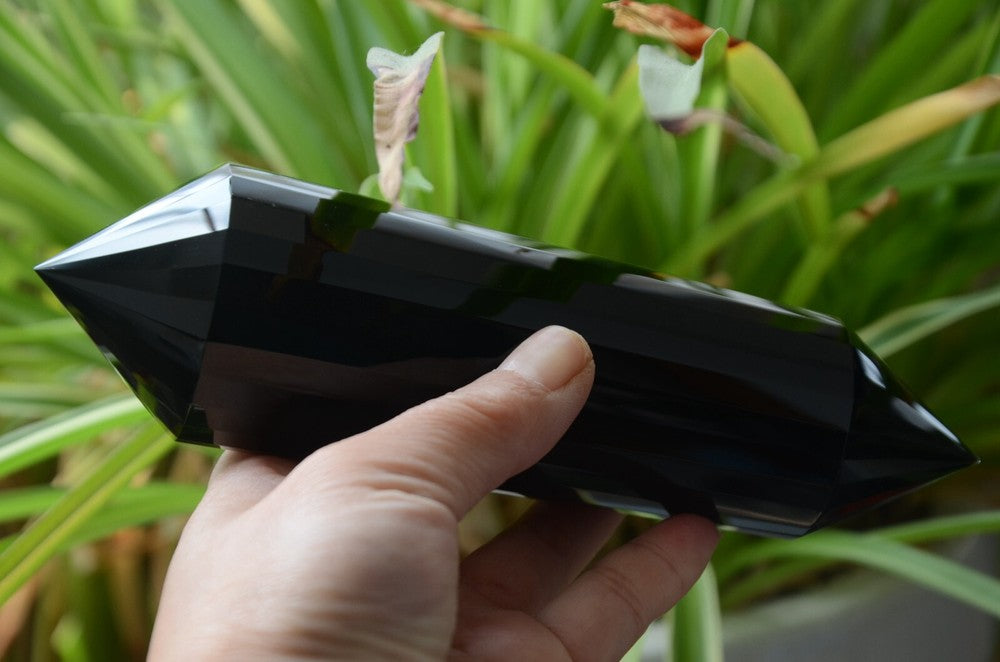 Giant Black Obsidian 24 Sided 6.73" Crystal Quartz Vogel Style Wand Point Energy