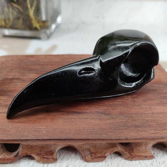 3.6" Natural Obsidian Carved Crow Skull Crystal Raven Crystal Skull Figurines