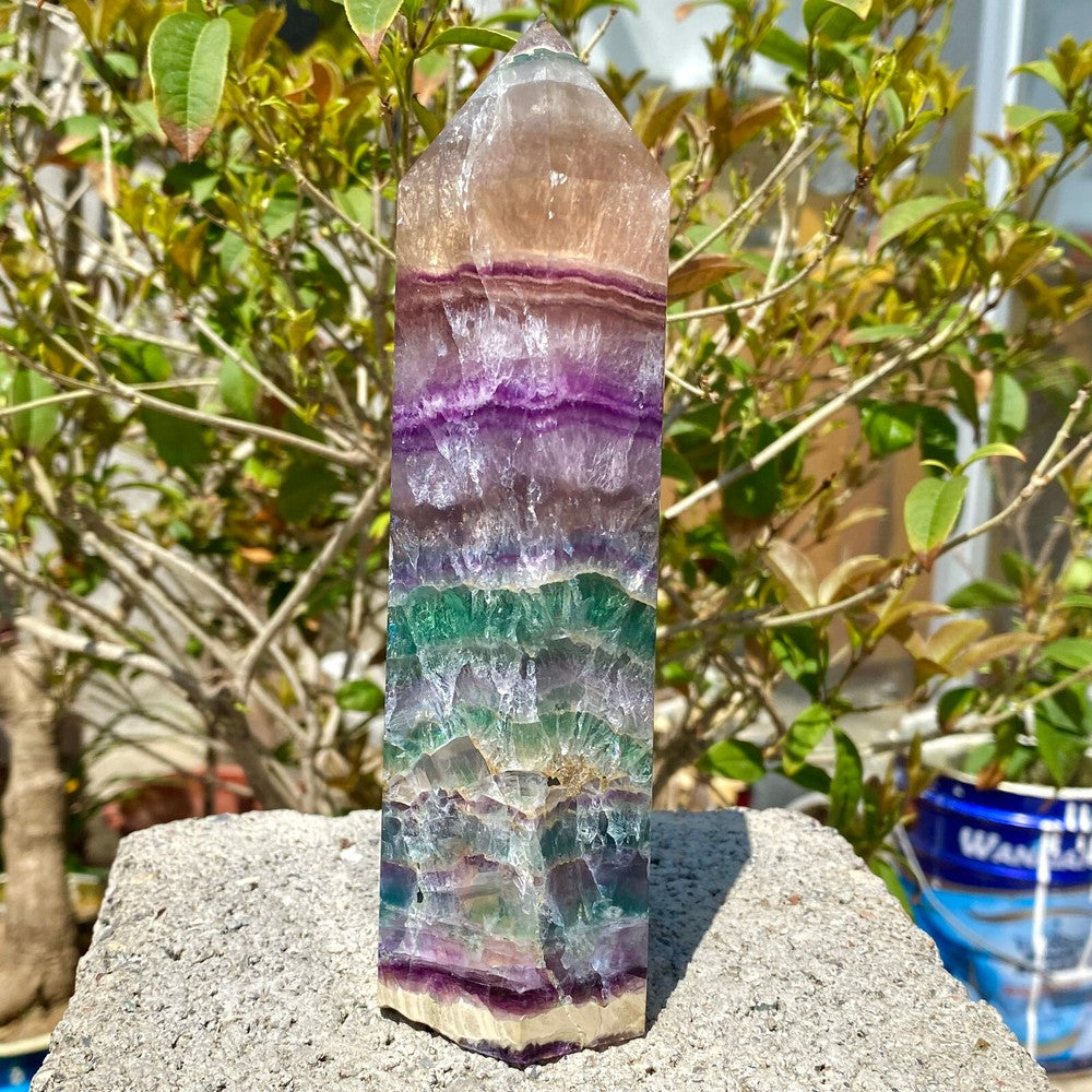 2.16LB Natural Rainbow Fluorite Obelisk Quartz Crystal Wand Tower Point Healing.
