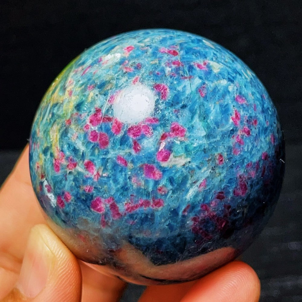 383G Natural Blue Apatite And Ruby Symbiotic Crystal Ball Healing