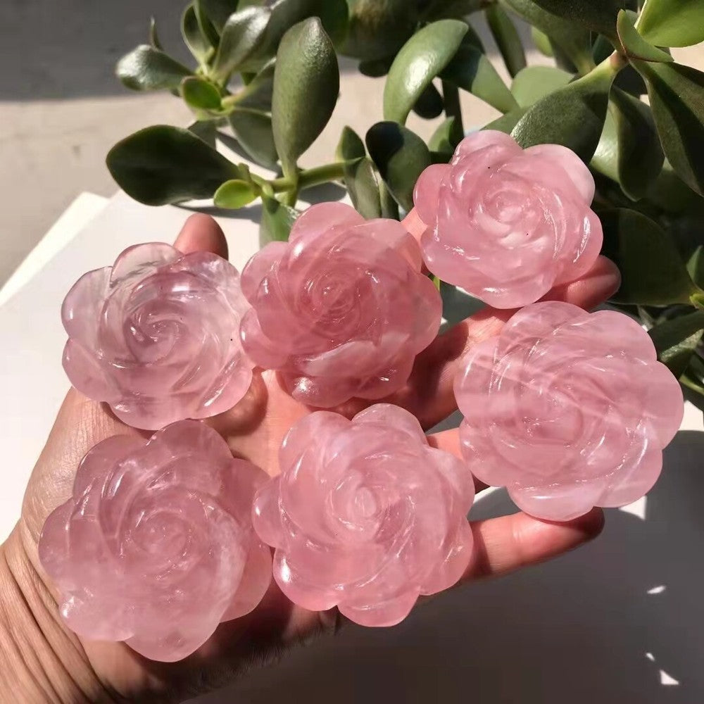 2" Natural Pink Rose Quartz Carved Rose Flowers Crystal reiki Healing 1pc