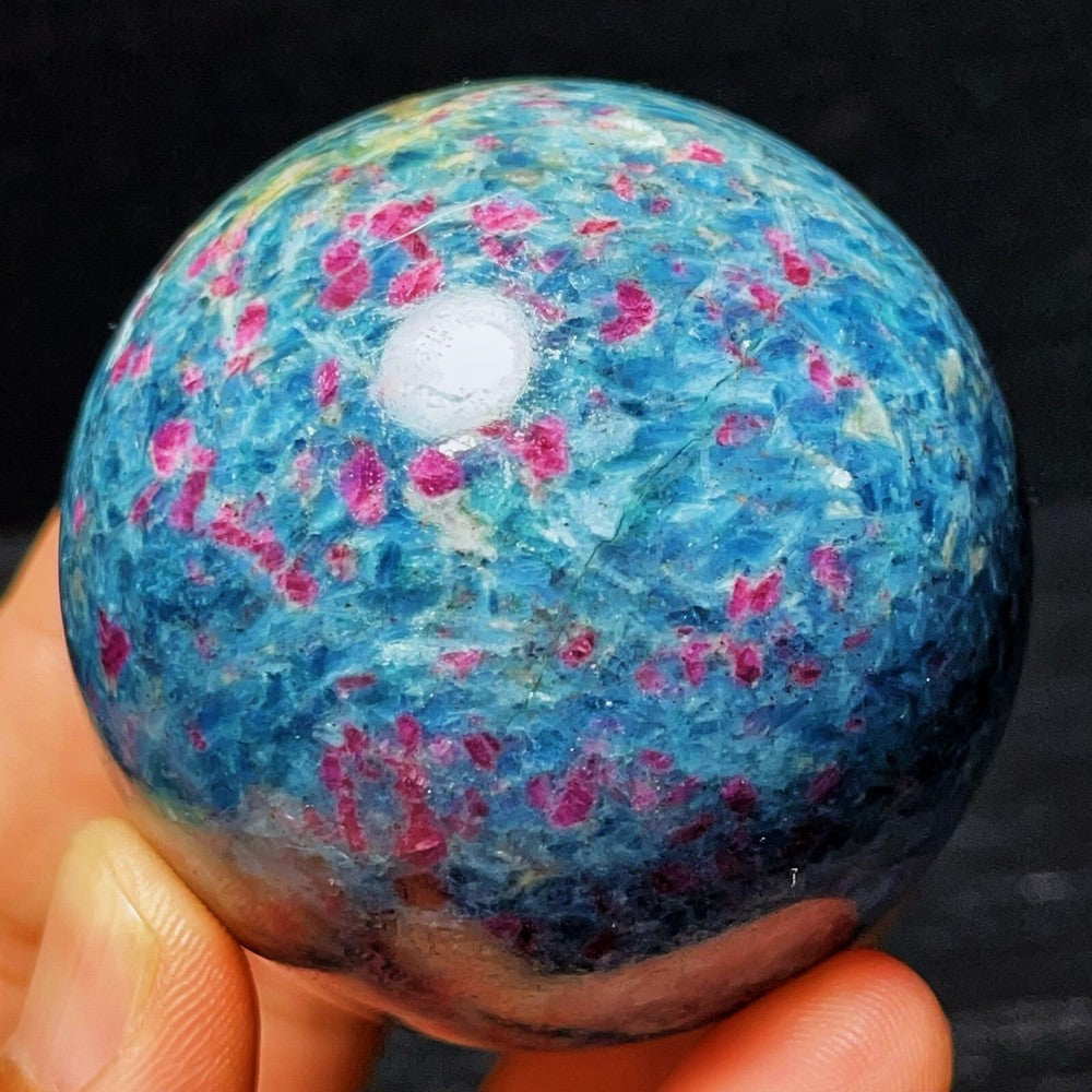 383G Natural Blue Apatite And Ruby Symbiotic Crystal Ball Healing