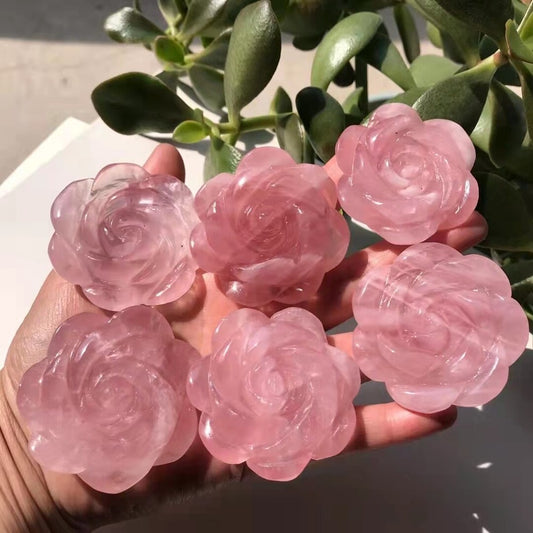 2" Natural Pink Rose Quartz Carved Rose Flowers Crystal reiki Healing 1pc