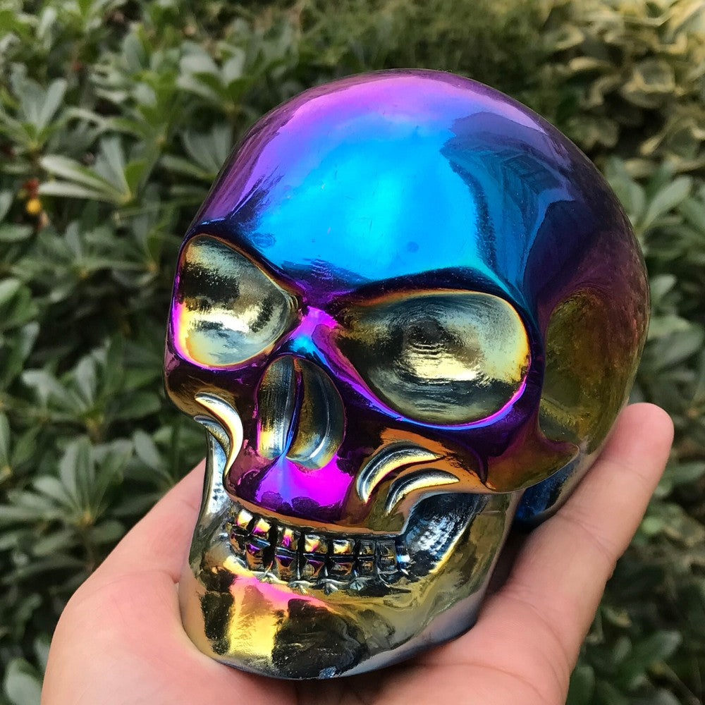 1380g Rainbow Titanium Quartz Skull Carved Crystal Reiki Healing