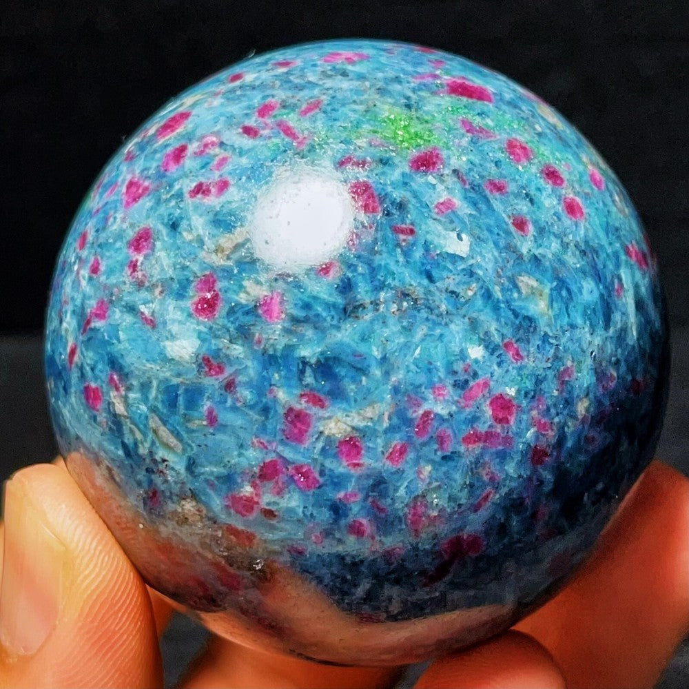 383G Natural Blue Apatite And Ruby Symbiotic Crystal Ball Healing