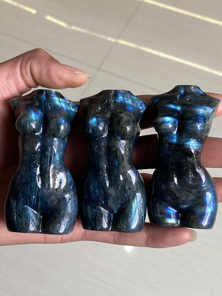 3"Carved Natural labradorite Goddess Quartz Crystal skull Body Sculpture 1PC.