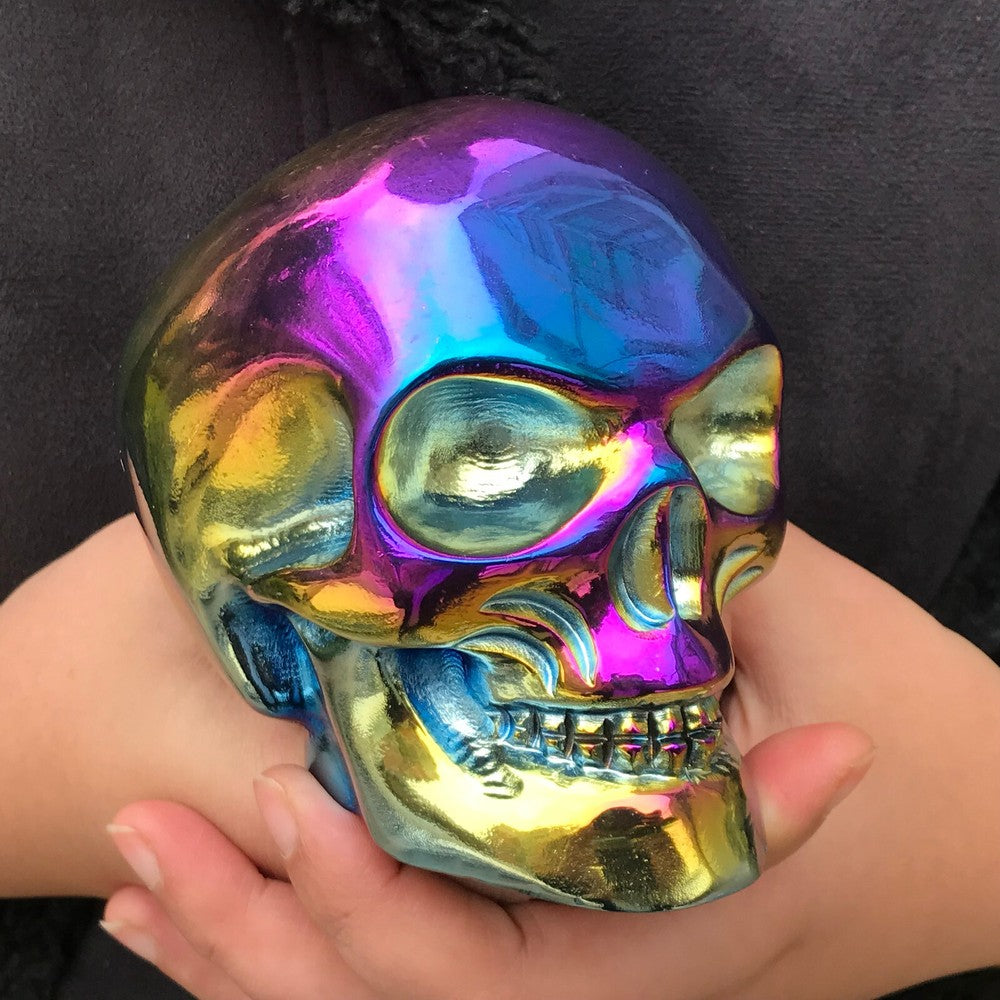 1380g Rainbow Titanium Quartz Skull Carved Crystal Reiki Healing