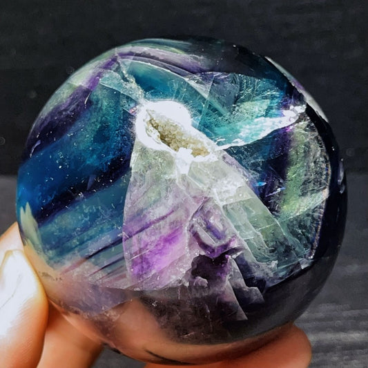 677G Natural Polished Blue Purple Fluorite Sphere Crystal Healing