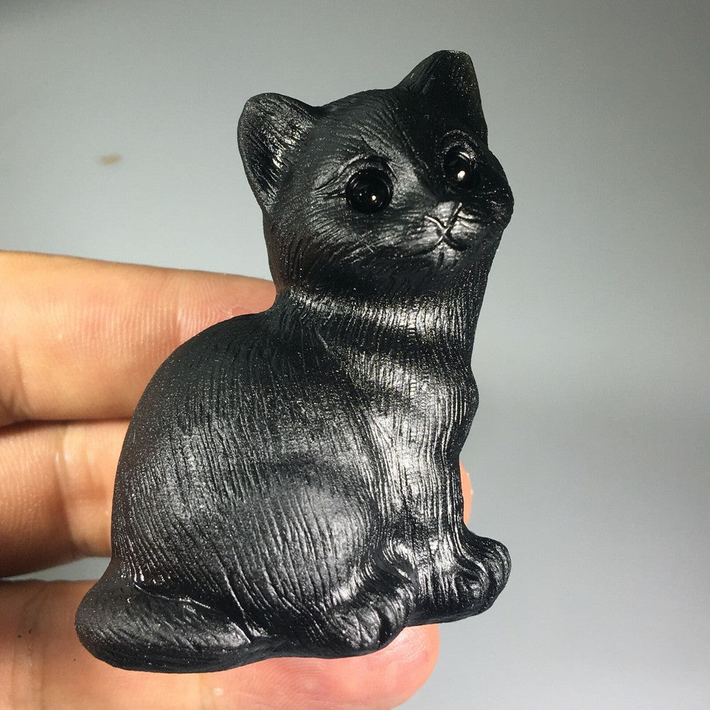 2.2“ Natural Hand Carved Quartz Cat Crystal Obsidian Cat Reiki