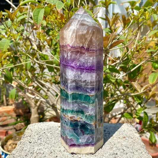 2.16LB Natural Rainbow Fluorite Obelisk Quartz Crystal Wand Tower Point Healing.