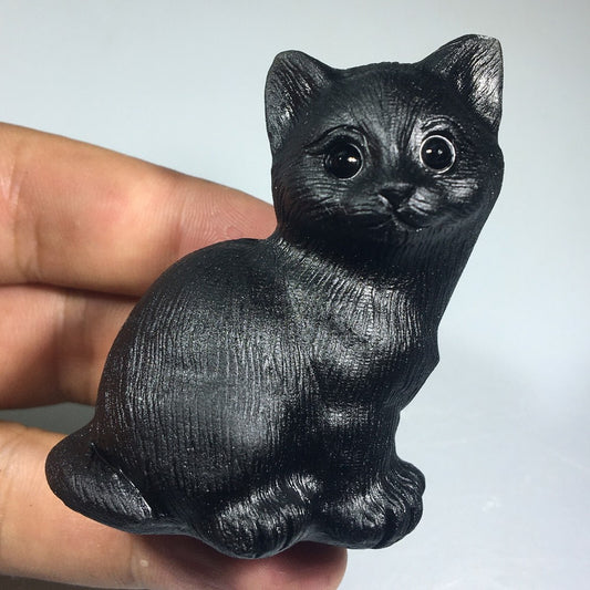 2.2“ Natural Hand Carved Quartz Cat Crystal Obsidian Cat Reiki