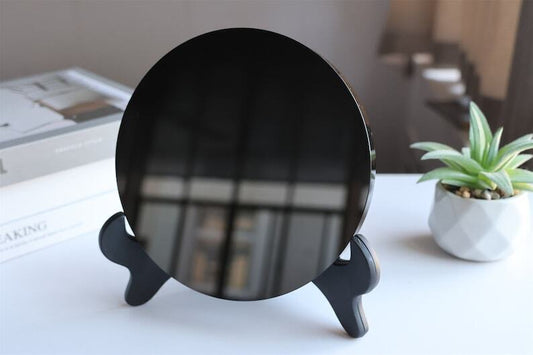 Natural Obsidian mirror, Obsidian wafer, crystal tray, Reiki Crystal gift+stand