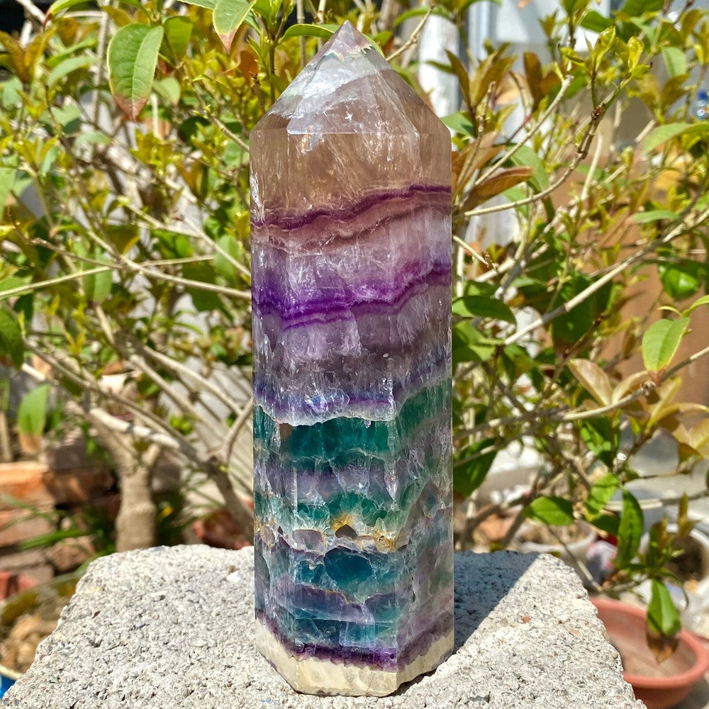 2.16LB Natural Rainbow Fluorite Obelisk Quartz Crystal Wand Tower Point Healing.