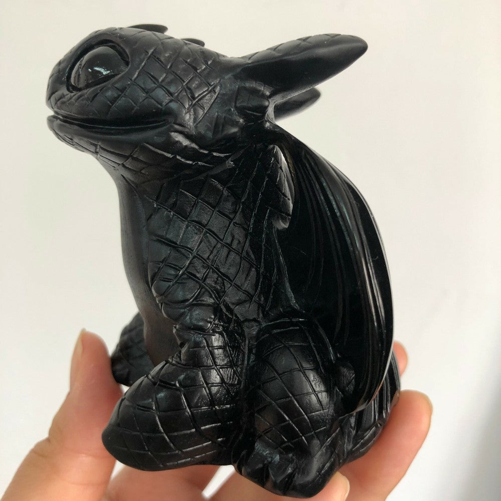 Incroyable dragon édenté en cristal de quartz d'obsidienne noire naturelle de 3,1 pouces 