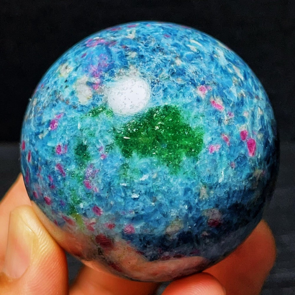 383G Natural Blue Apatite And Ruby Symbiotic Crystal Ball Healing
