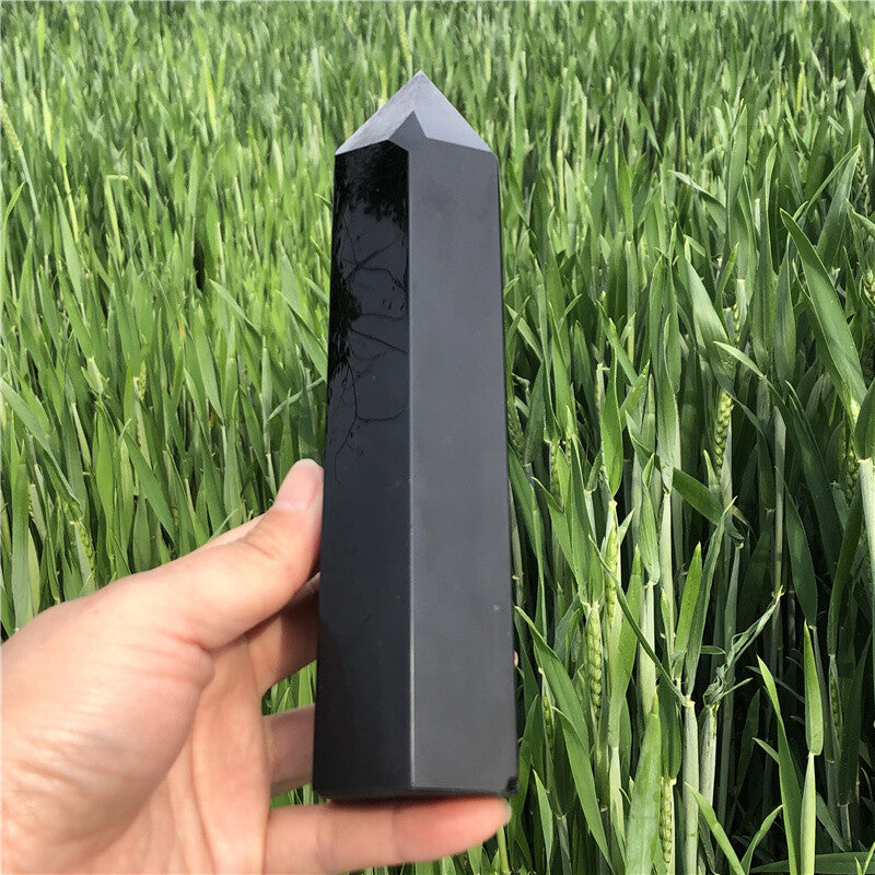 1.47LB Natural Obsidian Obelisk Quartz Crystal Wand Point Reiki gift
