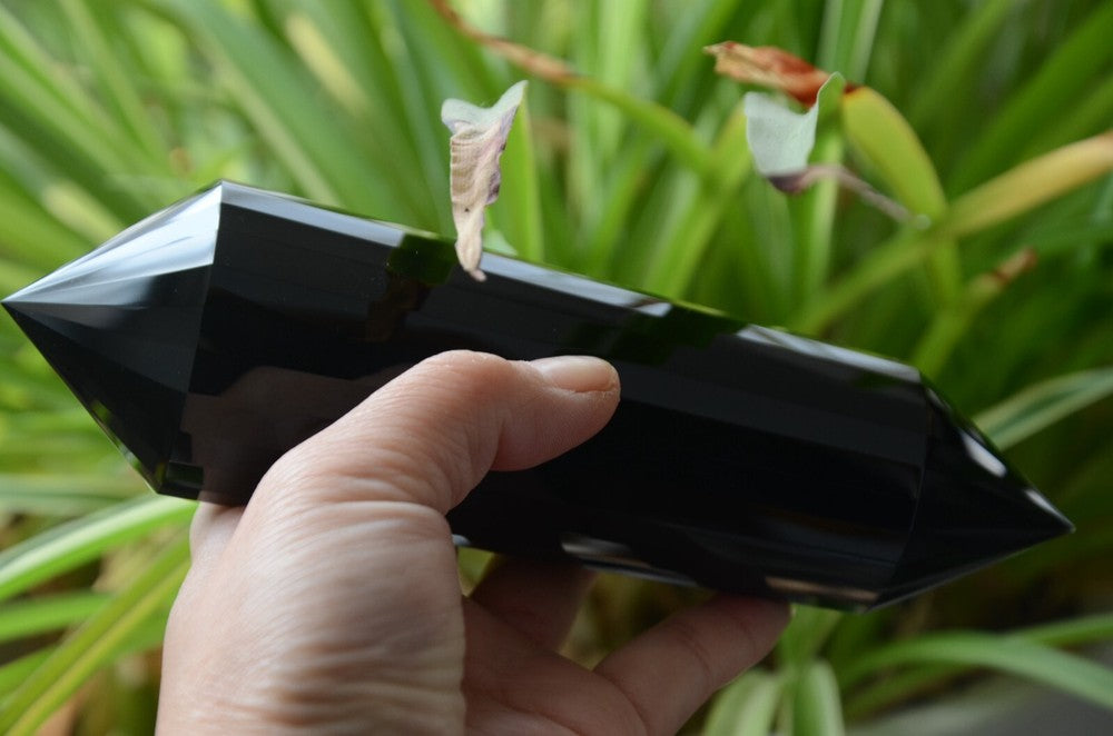 Giant Black Obsidian 24 Sided 6.73" Crystal Quartz Vogel Style Wand Point Energy