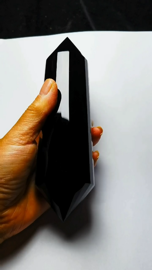 Giant Black Obsidian 24 Sided 6.73" Crystal Quartz Vogel Style Wand Point Energy
