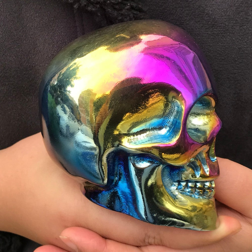 1380g Rainbow Titanium Quartz Skull Carved Crystal Reiki Healing