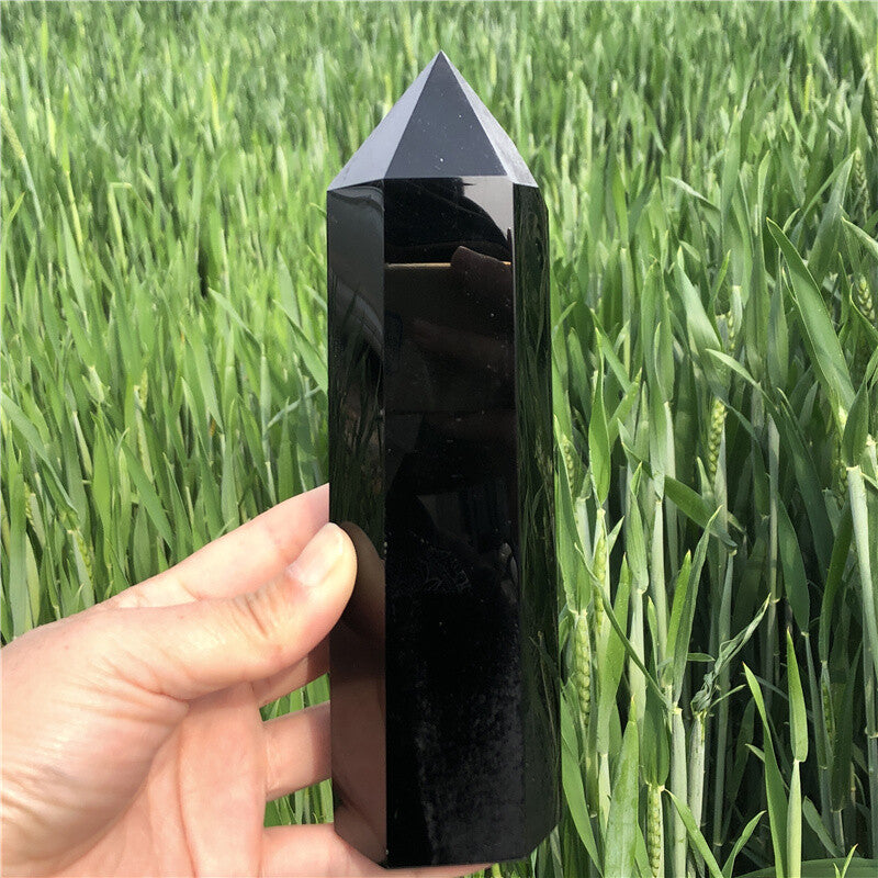 1.47LB Natural Obsidian Obelisk Quartz Crystal Wand Point Reiki gift