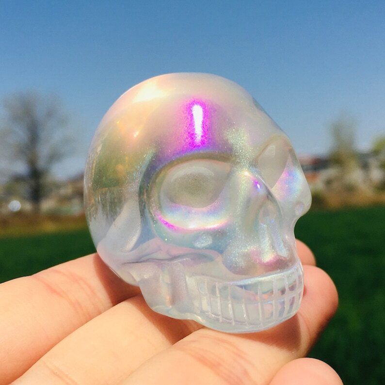 Titanium Rainbow Skull Smelting Quartz Hand Carved Reiki Healing Crystal Gift