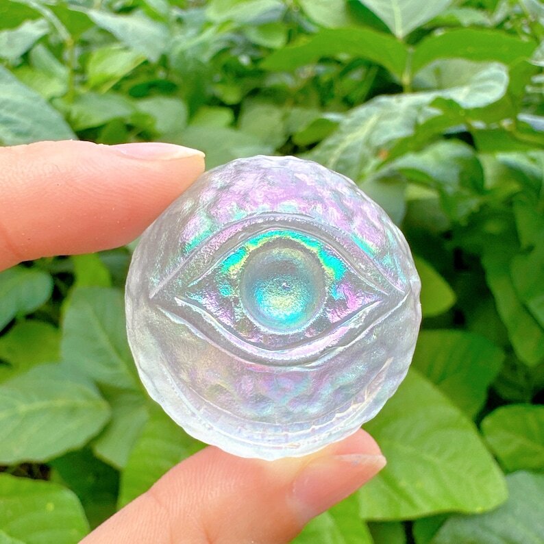 Titanium Rainbow Aura Eyeball Quartz carving,Reiki Heal Clear Melting Stone