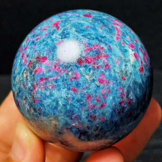 383G Natural Blue Apatite And Ruby Symbiotic Crystal Ball Healing