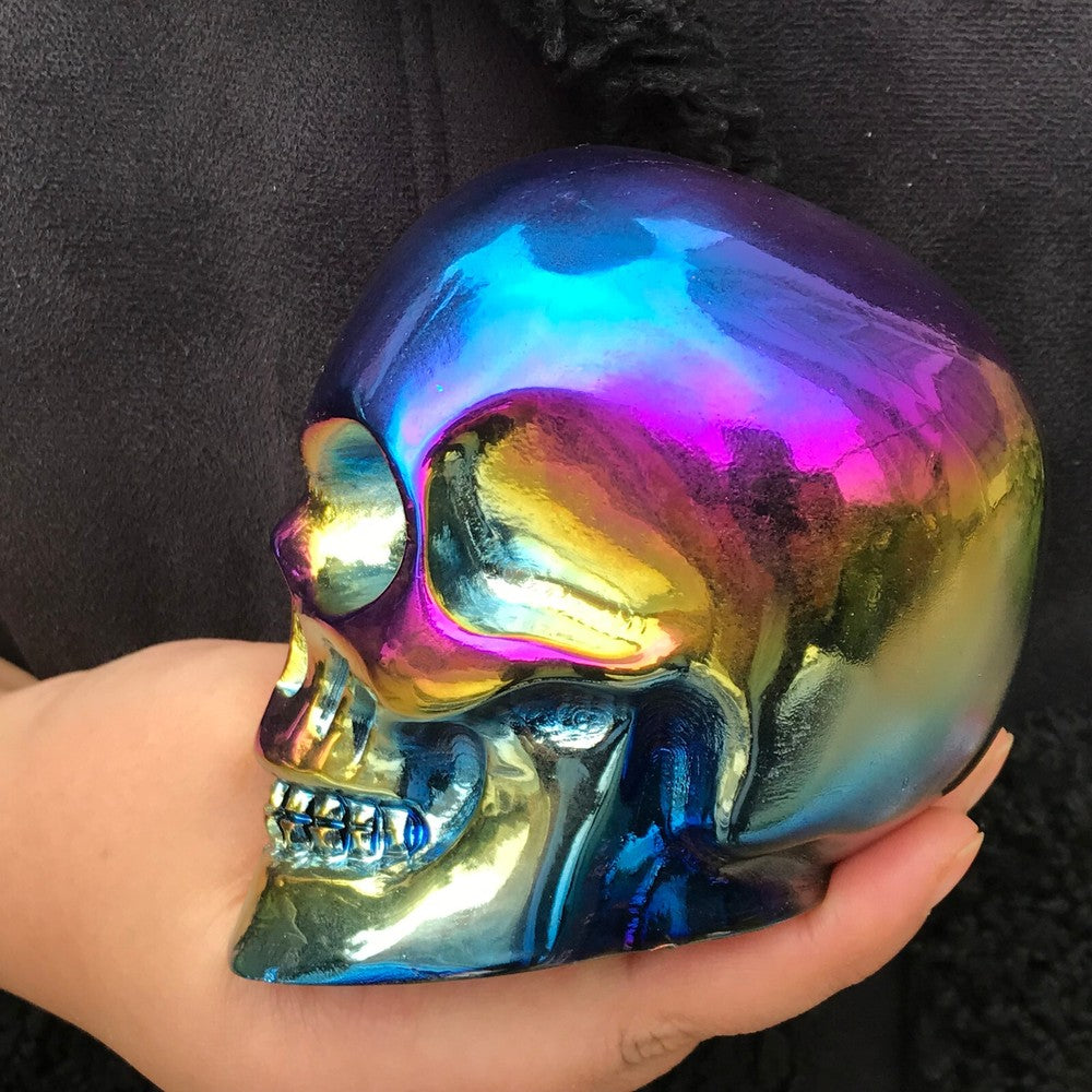 1380g Rainbow Titanium Quartz Skull Carved Crystal Reiki Healing