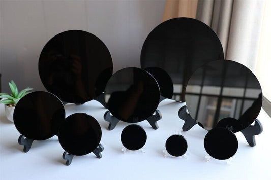 Natural Obsidian mirror, Obsidian wafer, crystal tray, Reiki Crystal gift+stand