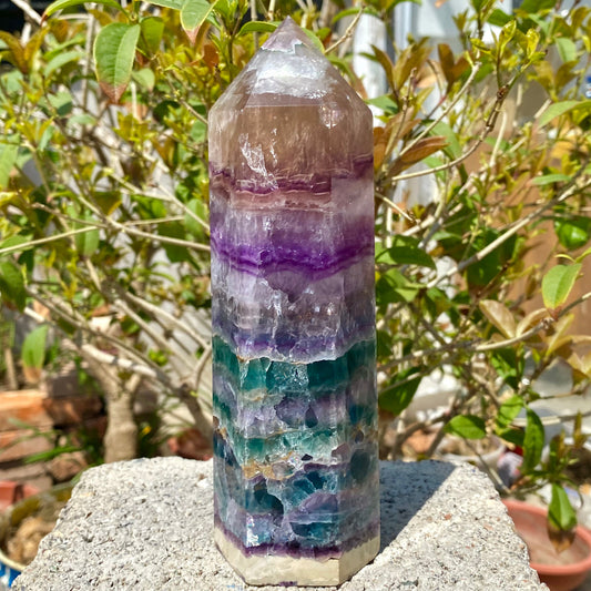 2.16LB Natural Rainbow Fluorite Obelisk Quartz Crystal Wand Tower Point Healing.