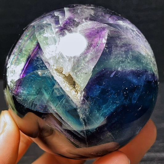 677G Natural Polished Blue Purple Fluorite Sphere Crystal Healing