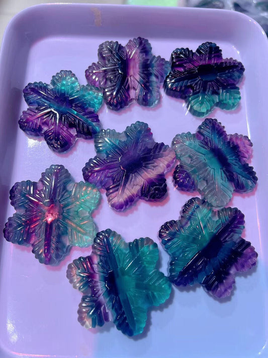 1PC Natural fluorite carved snowflake quartz crystal reiki healing Gem Gift
