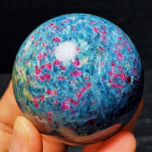 383G Natural Blue Apatite And Ruby Symbiotic Crystal Ball Healing