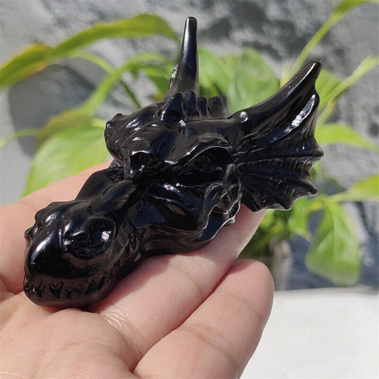 3.3" Hand Carved Natural Obsidian Dragon Quartz Crystal Skull Gift 1pc