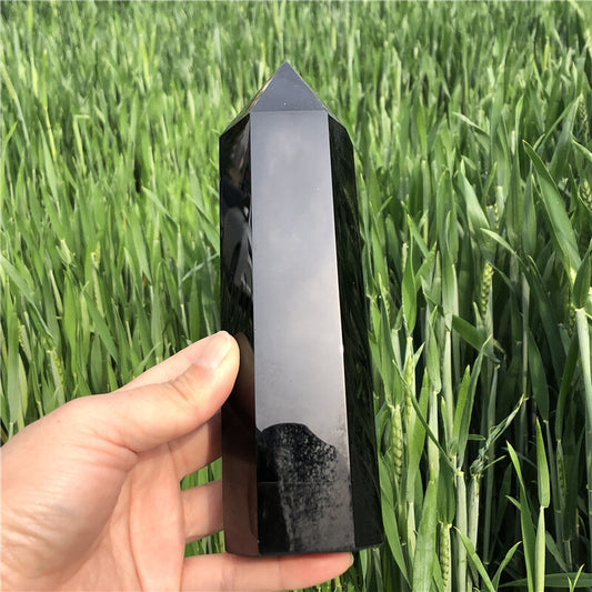1.47LB Natural Obsidian Obelisk Quartz Crystal Wand Point Reiki gift