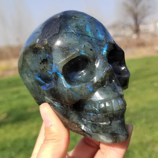 1.67LB Natural labradorite Quartz hand Carved skull crystal Reiki healing